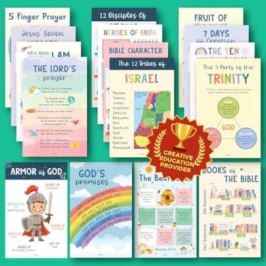 Imagem de Excool Club Decorações de escola dominical para sala de aula - 16 pôsteres do livro da Bíblia para crianças, arte de parede de fruto do espírito, materiais de estudo da Bíblia para decoração de sala