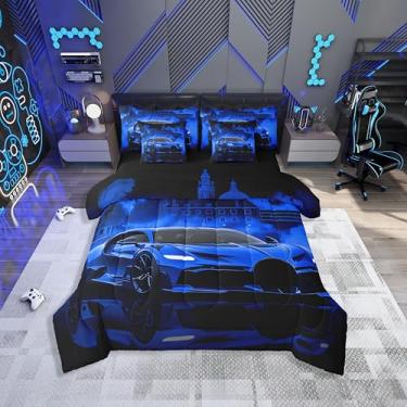 Imagem de jejeloiu Jogo de cama casal com edredom de carro de corrida infantil, para decoração de quarto de meninos e meninas, azul moderno, em uma bolsa, microfibra leve e macia
