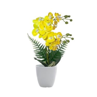 Imagem de Plantas Artificiais Decorativas, Arranjo De Orquídea Artificial Toque Natural Luxo Decoração(Amarela Vaso Redondo)