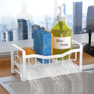 Imagem de Maifan Organizador de pia de cozinha de aço inoxidável com bandeja de drenagem automática, suporte de esponja para armazenamento de bancada (branco)