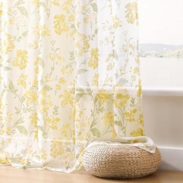 Imagem de Cortinas florais amarelas de 182 cm de comprimento, 2 painéis para decoração de quarto, primavera, quinta, campo, flores, cortinas transparentes para sala de estar, filtro de luz, bolso para varão