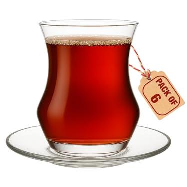 Imagem de Conjunto de 6 copos de chá turco, cintura fina e fundo gordo (127 g), base grossa de retenção de calor, inclui 6 copos e 6 pires, copos de bebida para uísque, tequila, expresso, copos de shot e mais