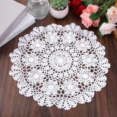 Imagem de Doilies para mesas, toalha de mesa grande de crochê feita à mão de algodão de 15,7 polegadas, vintage, redonda, renda, borda ondulada, toalha de mesa de malha para casa, cozinha, sala de jantar