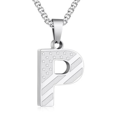 Imagem de Zocomi Colar com pingente de inicial da bandeira americana para homens e meninos, corrente de aço inoxidável 316L A-Z caixa de letras 50 + 5 cm joias presentes, Aço inoxidável, Sem Pedra Preciosa