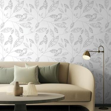 Imagem de ESSMOKO Papel de parede estilo esboço planta listra PVC impermeável autoadesivo quarto sala de estar papel de parede móveis adesivo branco 45 * 500 cm