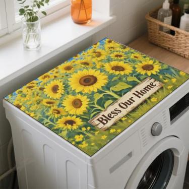 Imagem de GLOBLELAND Girassóis amarelos lavadora de roupa secadora tapete de cobertura contra poeira 59,98 x 50 cm "Bless Our Home" protetor superior para máquina de lavar roupa almofadas flores jardim