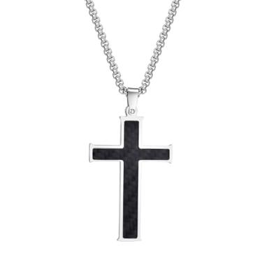Imagem de Rockyu Colar masculino de cruz de fibra de carbono de grão de madeira de aço inoxidável, pingente de crucifixo, 51,6 mm, resistente, acessórios masculinos, Aço inoxidável, fibra de carbono