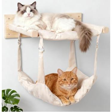 Imagem de JSPYFITS Móveis de madeira para gatos montados na parede, rede de camada dupla, tamanho grande 45 cm, cama multifuncional removível para gatos para dormir/brincar/escalar, poleiro de janela de gatinho