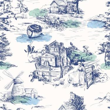 Imagem de VaryStyle Papel de parede vintage francês country toile farmhouse papel de parede descascar e colar azul marinho/branco desenhado à mão retro papel de contato autoadesivo removível mural de vinil para