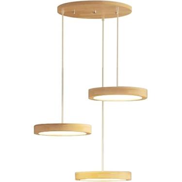 Imagem de Luminária pendente de madeira estilo fazenda, pequena luminária pendente de LED, moderna de meados do século, 3 luzes, lustre rústico vintage para sala de jantar, cozinha, ilha, quarto, café