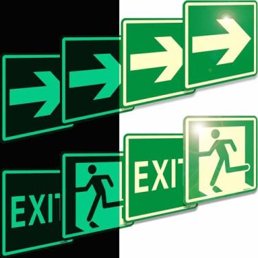 Imagem de Ashoaza Adesivos de sinal de saída de emergência que brilham no escuro, placa de homem correndo com adesivos de luz de seta direcional, 15 x 15 cm, 8 peças verdes