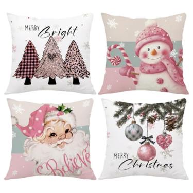 Imagem de BEWQ Conjunto de 4 capas de travesseiro de Natal 45,7 x 45,7 cm, boneco de neve rosa, Papai Noel, árvore de Natal, Feliz Natal, capa de almofada para área externa para sofá-cama, sala de estar, casa