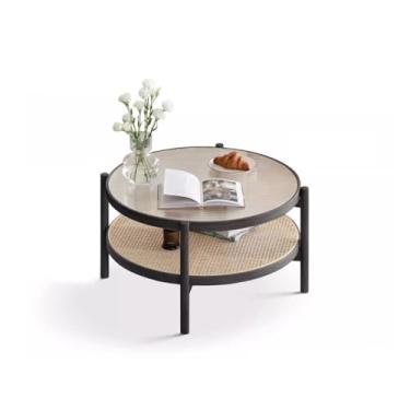 Imagem de URGDWEKJY Mesa central de vidro de vime, mesa de café, apartamento, sala de estar, sofá, mesa lateral, simples, camada dupla, mesa de chá, pequena mesa de chá (B)