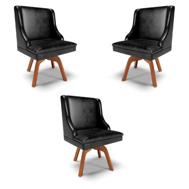 Imagem de Kit 3 Cadeiras Decorativas Sala de Jantar Base Giratória de Madeira Firenze PU Preto Brilho/Natural G19 - Gran Belo