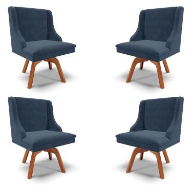 Imagem de Kit 4 Cadeiras Decorativas Sala de Jantar Base Giratória de Madeira Firenze Suede Azul Marinho/Natural G19 - Gran Belo