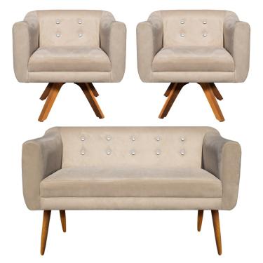 Imagem de Kit 01 Namoradeira 02 Lugares e 02 Poltronas Giratória Julia Suede Bege com Strass Base Madeira MM30 D'Rossi