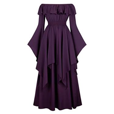 Imagem de Parlsdy Vestido Renascentista Feminino Fantasia Pirata Camponesa Fantasia Medieval Feminina Fantasia Renascentista Vestidos Femininos, Roxa, Medium