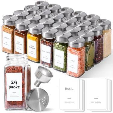 Imagem de ComSaf 24 potes de tempero de vidro de 118 ml com tampas ajustáveis, conjunto de saleiro e pimenteiro com tampas, recipientes quadrados de tempero com funil de metal, frascos pequenos de tempero para