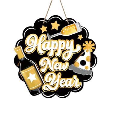 Imagem de Bolisom Feliz Ano Novo 2026, placa para porta da frente, chapéu de champanhe dourado preto, cabide de madeira, decoração de casa, decoração de casa, guirlanda de madeira para decoração de parede