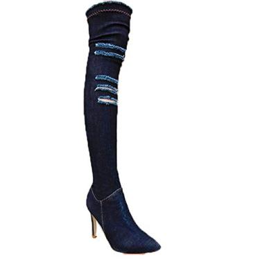Imagem de Bigfanshu Bota jeans feminina 2020 com bico fino vazado acima do joelho azul com cadarço e salto alto longo, Azul-celeste, 40 BR