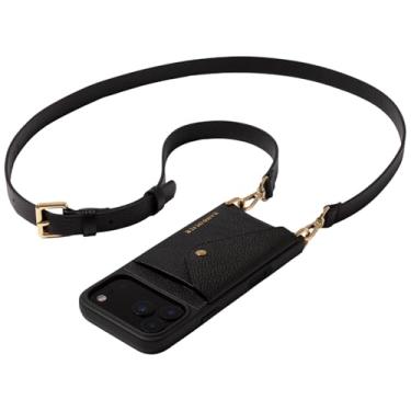 Imagem de Bandolier Hailey Capa de celular tipo carteira transversal para iPhone 17. 100% couro de seixo genuíno com ferragens douradas. Alça ajustável e removível. Suporte de cartão flip expansível. Preto com