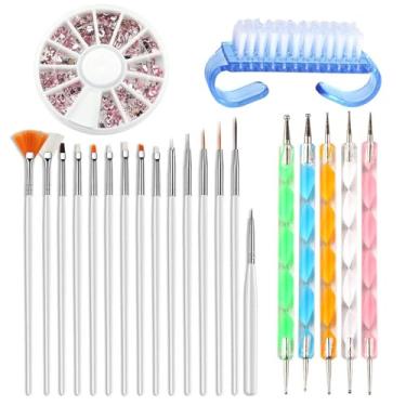 Imagem de Conjunto de pincéis de unhas brancas - Kit de 20 peças com caneta pontilhada e pincéis de listras, removedor de poeira, para arte de unhas, design acrílico