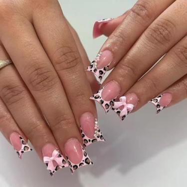 Imagem de Unhas postiças com estampa de leopardo francês de pato médio com design de laço rosa 3D strass, cobertura completa, cola em bastão falso artificial em unhas de acrílico para mulheres, 24 peças