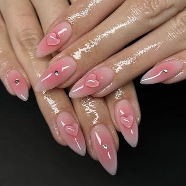 Imagem de Pregos postiços de amêndoa média ombré rosa nude com design de coração 3D strass, cobertura completa, cola em bastão falso artificial em unhas de acrílico para mulheres, 24 peças