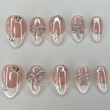 Imagem de Unhas postiças curtas médias amêndoas francesas brancas com design de laço simples strass cobertura completa cola em bastão falso artificial em unhas de acrílico para mulheres, casamento, 24 peças