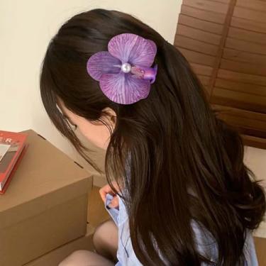 Imagem de Grampo de cabelo de flor boêmio tecido havaiano mariposa artificial orquídea flor grampo de cabelo grampo de cabelo prendedor de cabeça grampos de cabeça, roxo escuro
