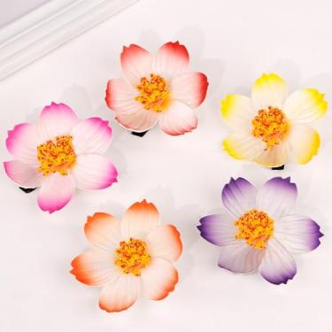 Imagem de 5 clipes de cabelo com flor de hibisco de cor gradiente (laranja, amarelo, roxo, rosa vermelha, vermelha)