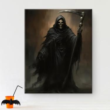 Imagem de Arte de parede gótica Grim Reaper Halloween vintage assustador arte de esqueleto escuro gótico Halloween decoração de parede para sala de estar quarto 20 x 25 cm
