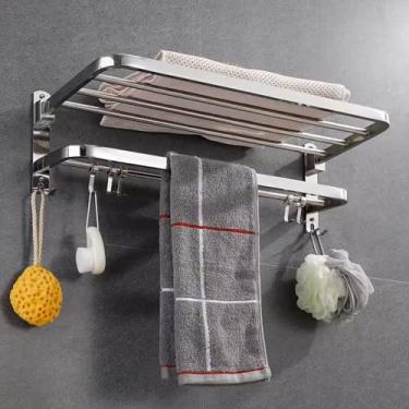 Imagem de Toalheiro Duplo de Parede com Prateleira para Banheiro Suporte Toalhas Aço Inox Resistente retratil com adesivo