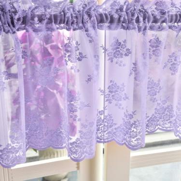 Imagem de Saia de renda roxa clara para painel Windows 1, L 130 x C 45,7 cm, rústico, lavanda, floral, cortina transparente para janela de cozinha sobre a pia, cortina curta vintage com bolso de varão, 45,7 cm