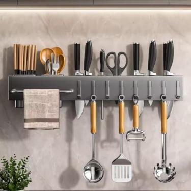 Imagem de Suporte Organizador de Utensílios de Cozinha em Alumínio com Ganchos e Porta Facas – Parede Moderna, Resistente à Ferrugem, Ideal para Cozinhas Elegantes e Funcionais