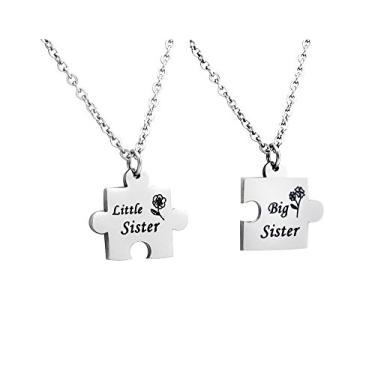 Imagem de Huiuy Conjunto de 2 peças de colares Big Sis Lil Sis combinando quebra-cabeça pingente de aço inoxidável presente para irmãs amigas, Metal