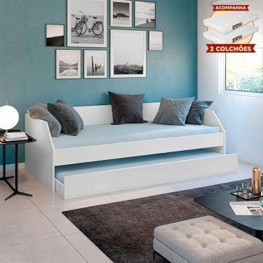 Imagem de Bicama Solteiro Multifuncional Duo Luxo com Cama Auxiliar em Mdf Premium com 2 Colchões Branco
