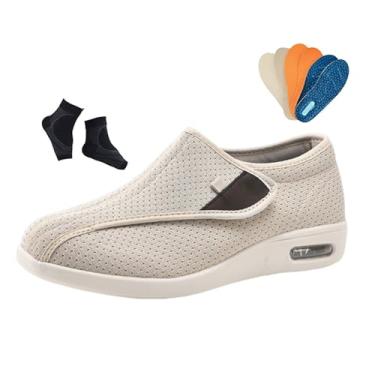 Imagem de Chinelos Diabéticos Homem, Calçado Masculino Ajustável Para Pés Inchados Confortável Para Caminhar Calçado Diabéticos, Chinelos Ortopédicos Ajustáveis ​​de Fácil Fecho, Para Avô Avó(Beige,41 EU)