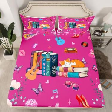 Imagem de jejeloiu Jogo de lençol solteiro para meninas, cantora, música, gatos, livros, moderno, roxo, estética, decoração de quarto, lençol com elástico alto, 2 peças (sem lençol de cima)