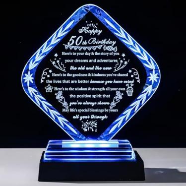 Imagem de YWHL Presentes de aniversário de 50 anos com base de LED colorida, ideia de presentes exclusivos de lembranças de cristal para mulheres de 50 anos, homens, mães, pais, decorações de feliz aniversário