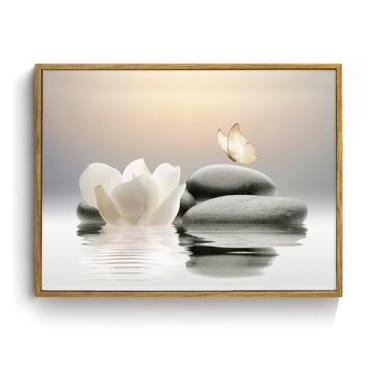 Imagem de EOBTAIN Arte de parede emoldurada Zen para sala de estar, pintura decorativa de imagens de flores brancas, spa espiritual relaxante, impressão em tela, decoração de parede para quarto, arte estética