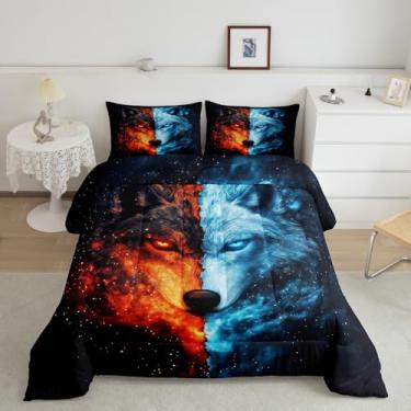Imagem de Edredom solteiro com lobo e fogo no gelo, para crianças, adultos, jovens, vida selvagem, galáxia, lobo exótico, decoração de quarto, céu brilhante, universo mistério, edredom acolchoado, 1 fronha