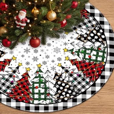 Imagem de Saia de árvore de Natal, boneco de neve, decoração de árvore de Natal xadrez de búfalo, enfeites de saia de árvore de Natal para festas de fim de ano, decoração de casa interna (cinza, 91 cm)