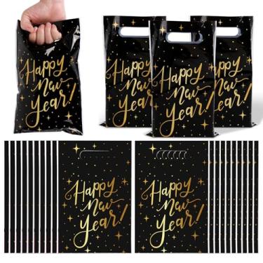 Imagem de Whaline 50 unidades de sacos de lembrancinha de festa de feliz ano novo com alças preto dourado estrela doces sacos de guloseimas para embalagem de biscoito de lanche de Natal Ano Novo