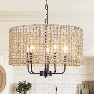Imagem de MRHYSWD Lustre de vime tecido à mão de 48 cm 5 luzes Quinta Boho Lustres para sala de jantar luminária tambor vime pendurado iluminação pendente para sala de estar, cozinha, ilha, hall de entrada