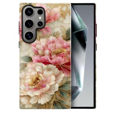 Imagem de heindiy Compatível com Samsung Galaxy S25 Ultra, capa brilhante, proteção total, à prova de choque, anti-arranhões, capa de TPU, capas para homem e mulher - estilo vintage de vitral com flores de
