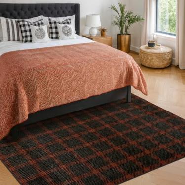 Imagem de Easy Jute Tapete xadrez de búfalo 13 x 18 cm para ambientes externos – Tapete retrô preto e vermelho para sala de estar, entrada, tapete lavável lavável e lavável para decoração de outono e férias