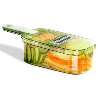Imagem de Fatiador e Ralador Manual de Legumes, Cortador Multifuncional de Vegetais e Queijos com Lâminas em Aço Inox, Recipiente Verde Transparente