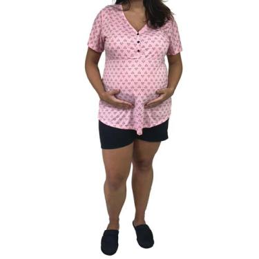 Imagem de Pijama Short Doll Grávida Maternidade Manga Curta Coração - Linda Gest