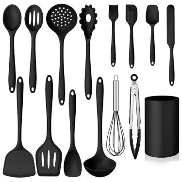 Imagem de Conjunto de utensílios de cozinha de silicone, Homikit 15 peças de utensílios de cozinha com suporte para panelas antiaderentes, conjunto de espátulas de silicone não tóxico resistente ao calor, pode